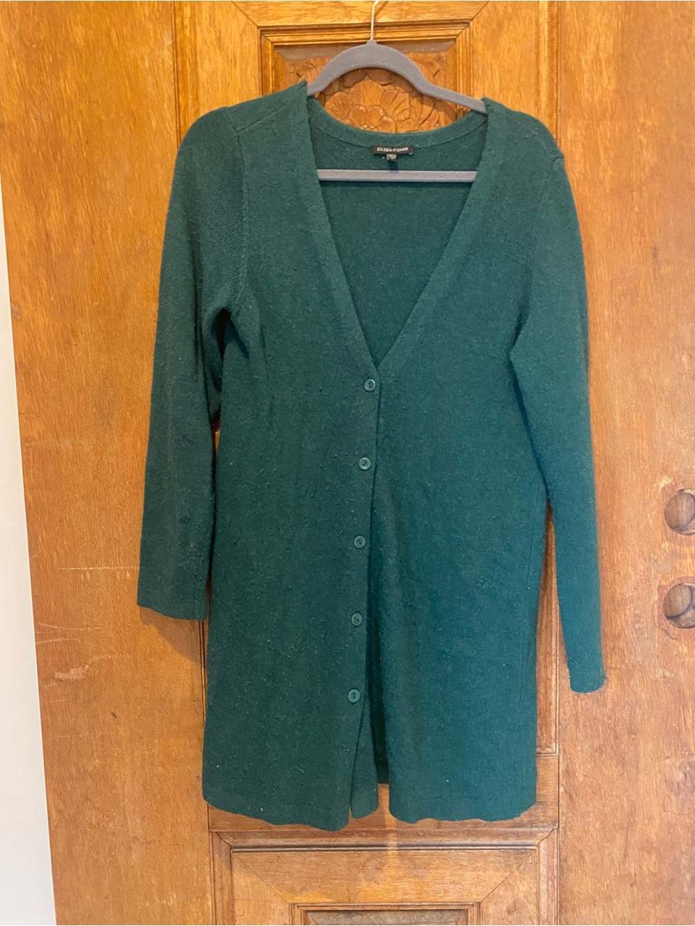 Eileen Fisher long cardigan green Medium wool cashmere blend
